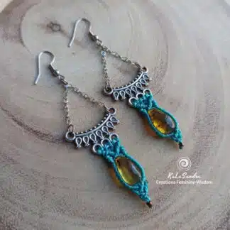 ISIS-Amber Macrame Earrings in Antique Silver Tone- DROPS OF SUN