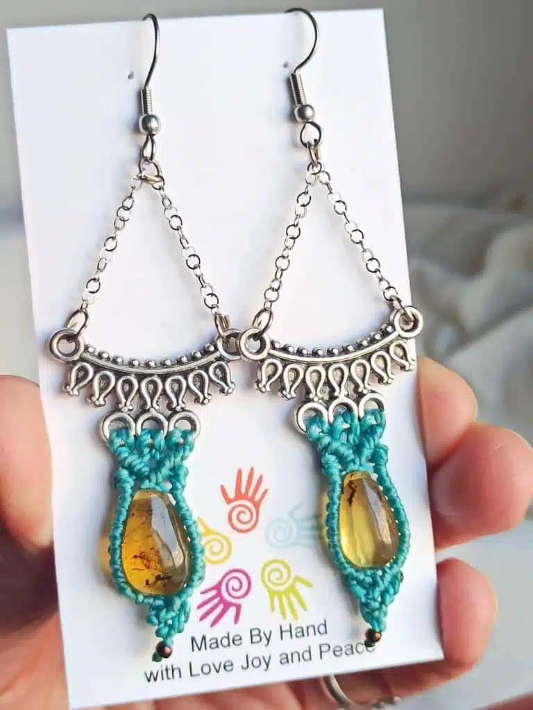 Boho Delicate Unique Amber OrganicGem micro Macrame Gipsy Earrings in Antique Silver Tone
