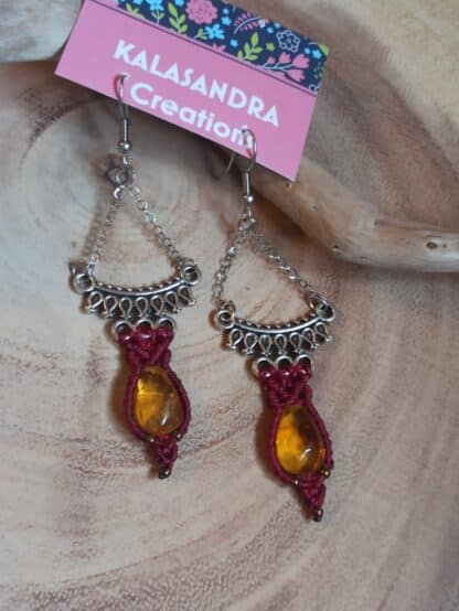 Boho Delicate Unique Amber OrganicGem micro Macrame Gipsy Earrings in Antique Silver Tone