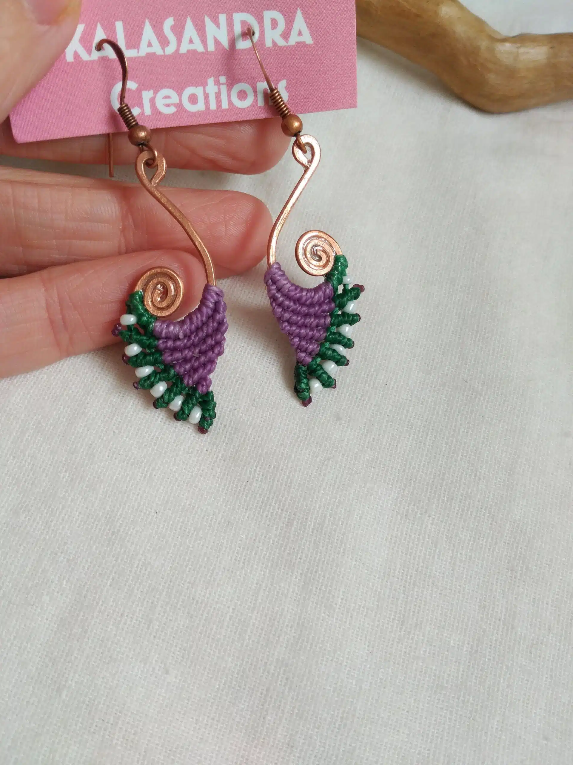 VESTA-Spiral Copper Macrame Earrings in two and three colours. - Image 4