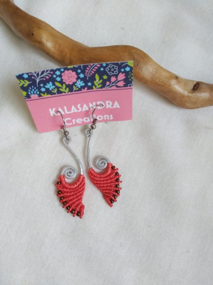coral handmade macrame earrings. Spiral aluminum earrings. Boho earrings. Artisan earrings