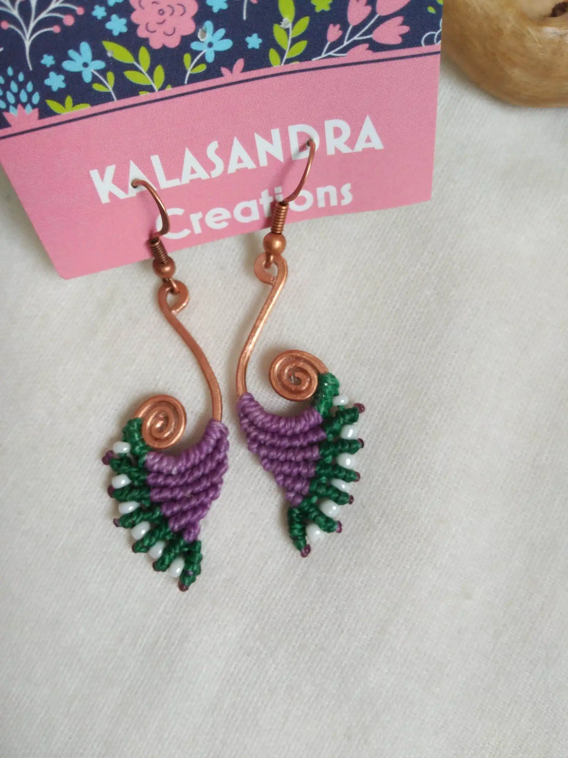purple and green handmde macrame earrings. artisan. Bohochick macrame earrings