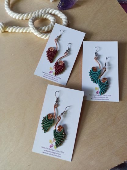 handmade macrame earrings in spiral copper design. Bohochick. Celtic jewelry. Boho jewelry