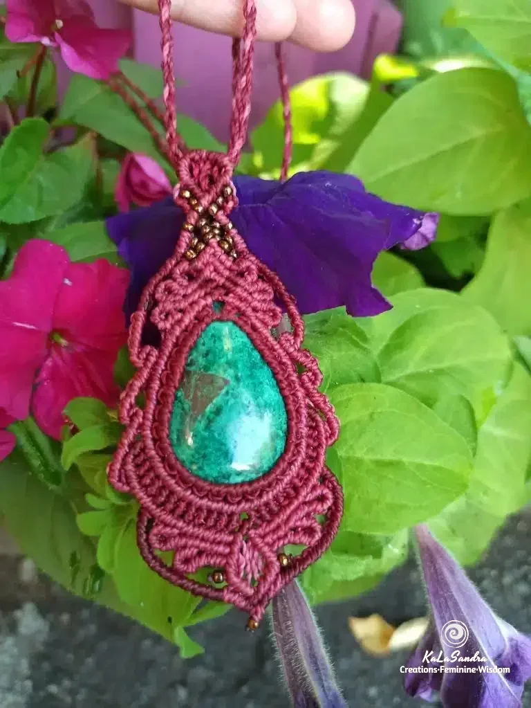 Unique chrysocolla macrame necklace. Boho necklace. Artisan necklace. One-of-a-kind necklace. Chrysocolla necklace. Gemstone jewelry
