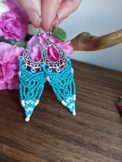 Beautiful blue macrame earrings. Handmade. Kalasandra earrings. Artisan jewelry. Boho earrings. Celtic.