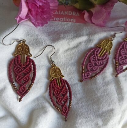 fatima's hands macrame earrings. Kalasandra earrings. handmade. artisan earrings. Boho earrings. copper tone earrings