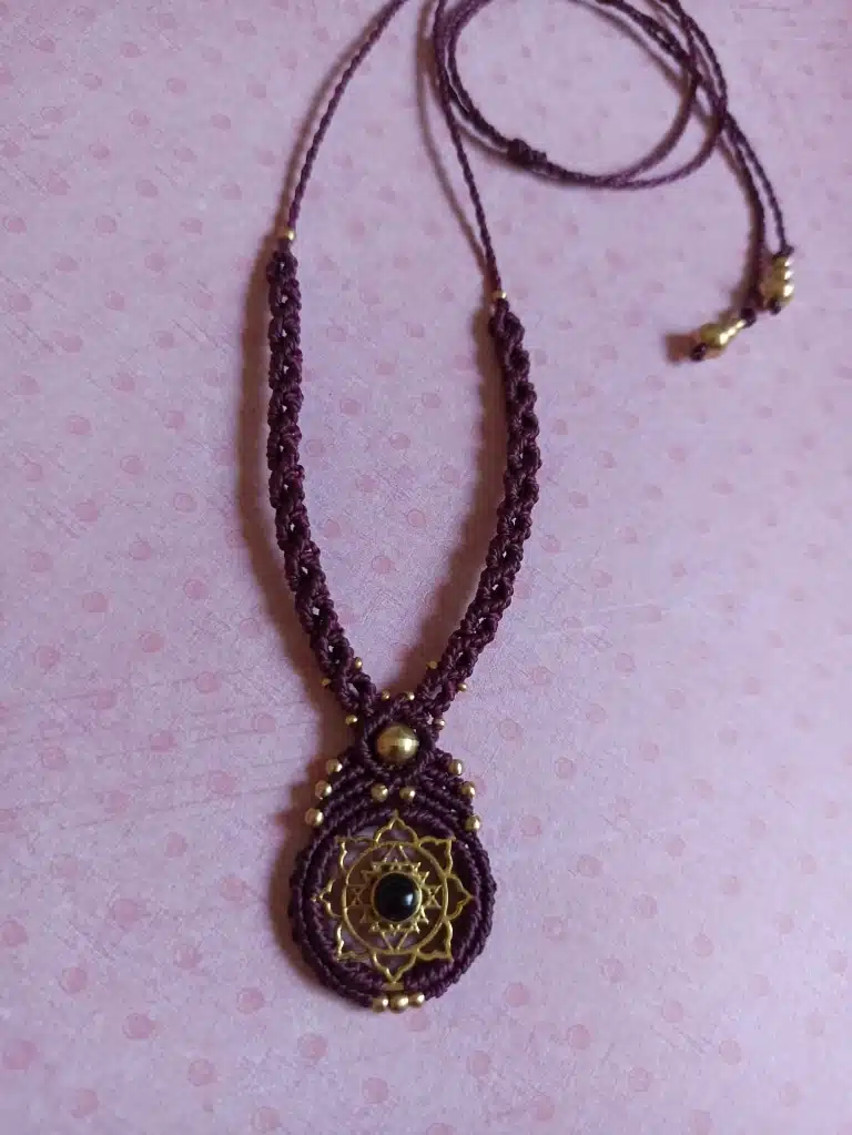 BLOOM-black onyx macrame necklace with brass sri yantra design - Image 4