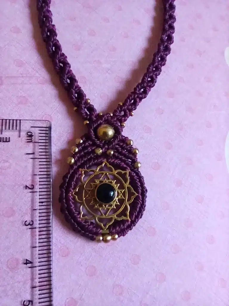 BLOOM-black onyx macrame necklace with brass sri yantra design - Image 5