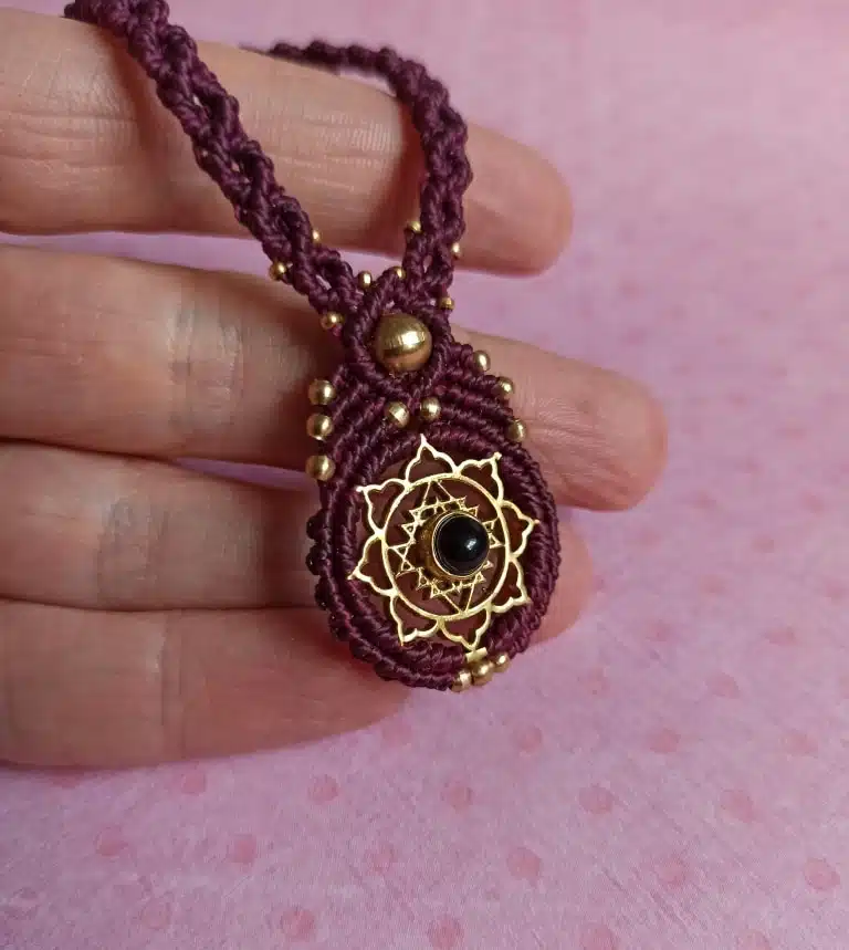 BLOOM-black onyx macrame necklace with brass sri yantra design - Image 2