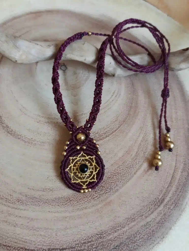 BLOOM-black onyx macrame necklace with brass sri yantra design - Image 10
