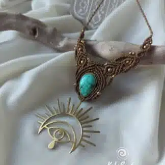 turquoise macrame necklace with brass metal design. Kalasandra creations. handmade. artisan jewelry, Spiritual jewelry. Celtic jewelry