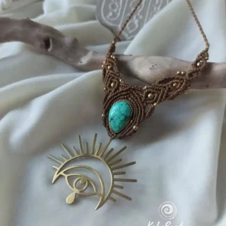 turquoise macrame necklace with brass metal design. Kalasandra creations. handmade. artisan jewelry, Spiritual jewelry. Celtic jewelry