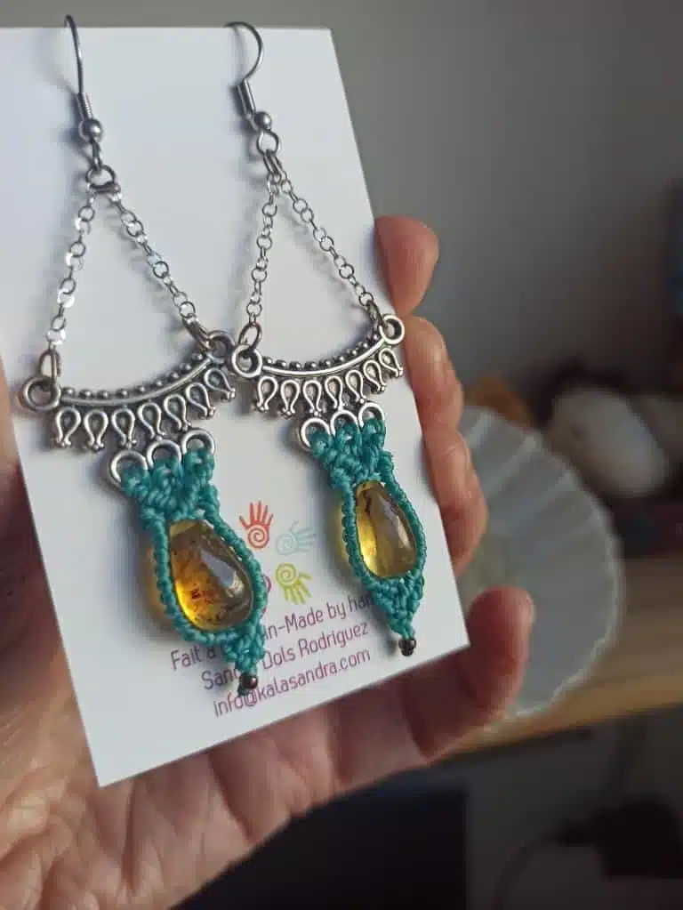 Boho Delicate Unique Amber OrganicGem micro Macrame Gipsy Earrings in Antique Silver Tone