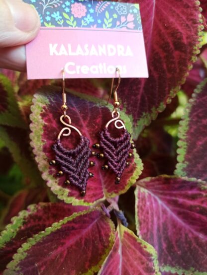 small macrame earrings in dark cherry colors. handmade. artisan. boho. beautiful