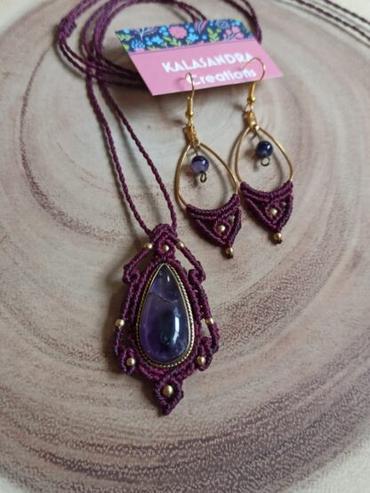 amethyst macrame necklace and earrings SET