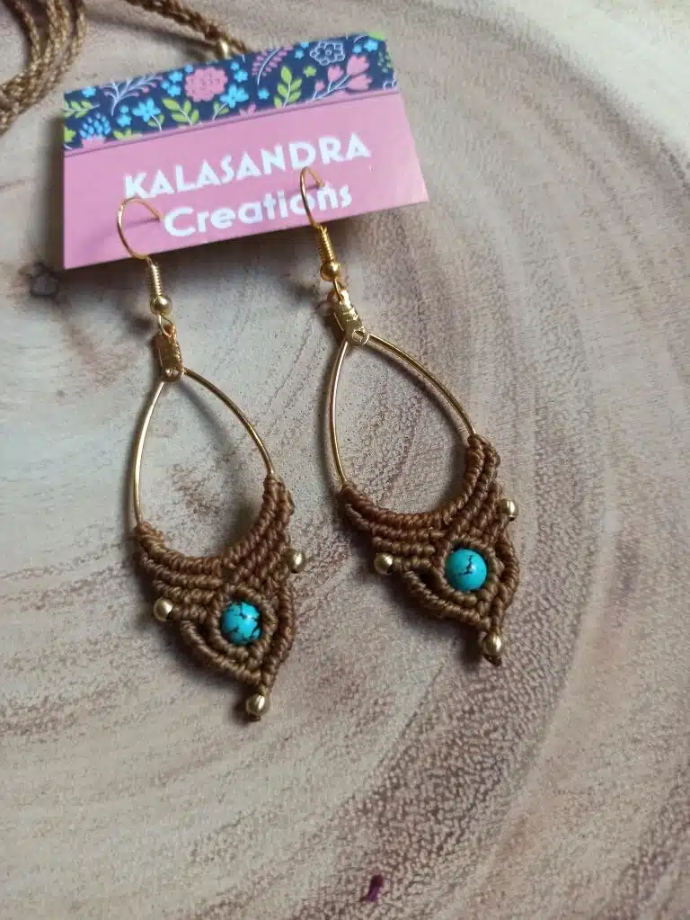 Boucles d’oreilles en macramé turquoise, couleur brune, bijoux artisanaux, faits main, originaux