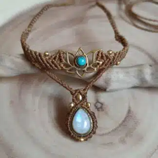 READY TO SHINE, moonstone turquoise macrame choker, unique, handmade, boho, artisan