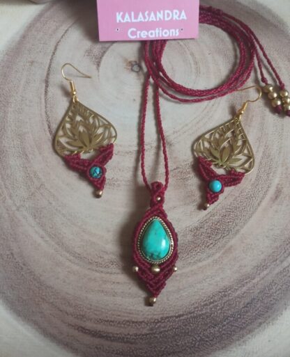 joy turquoise macrame pendant and earrings set, handmade, artisan, boho