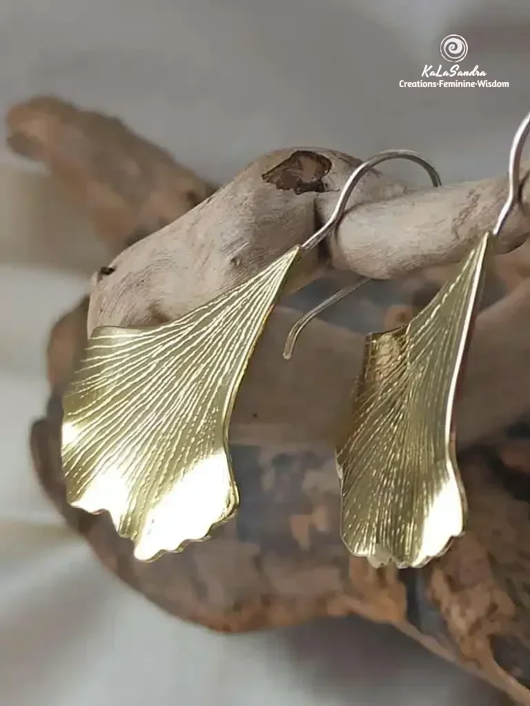 GINKGO BILOBA tree leaves inspired dangling earrings in hand cut brass metal - Image 4