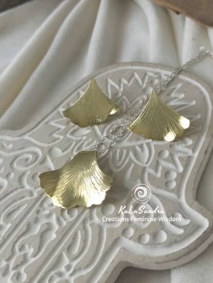 ginkgo biloba pendant and earrings set in brass metal. Handmade, artisan jewelry