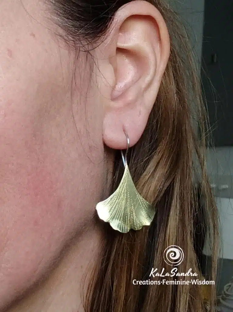 GINKGO BILOBA tree leaves inspired dangling earrings in hand cut brass metal - Image 7