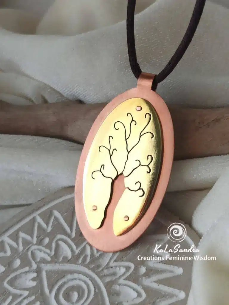 TREE OF LIFE inspired PENDANT in hand cut brass and copper metal - Image 2