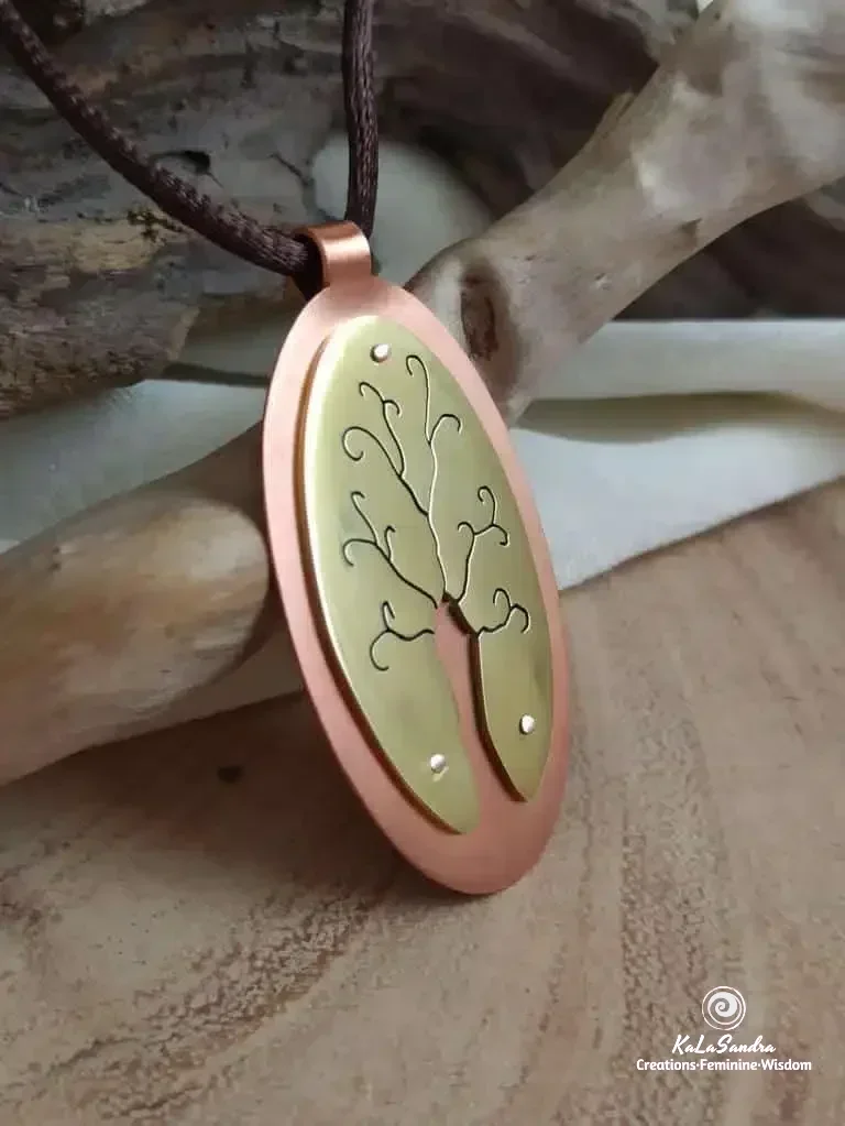 TREE OF LIFE inspired PENDANT in hand cut brass and copper metal - Image 3