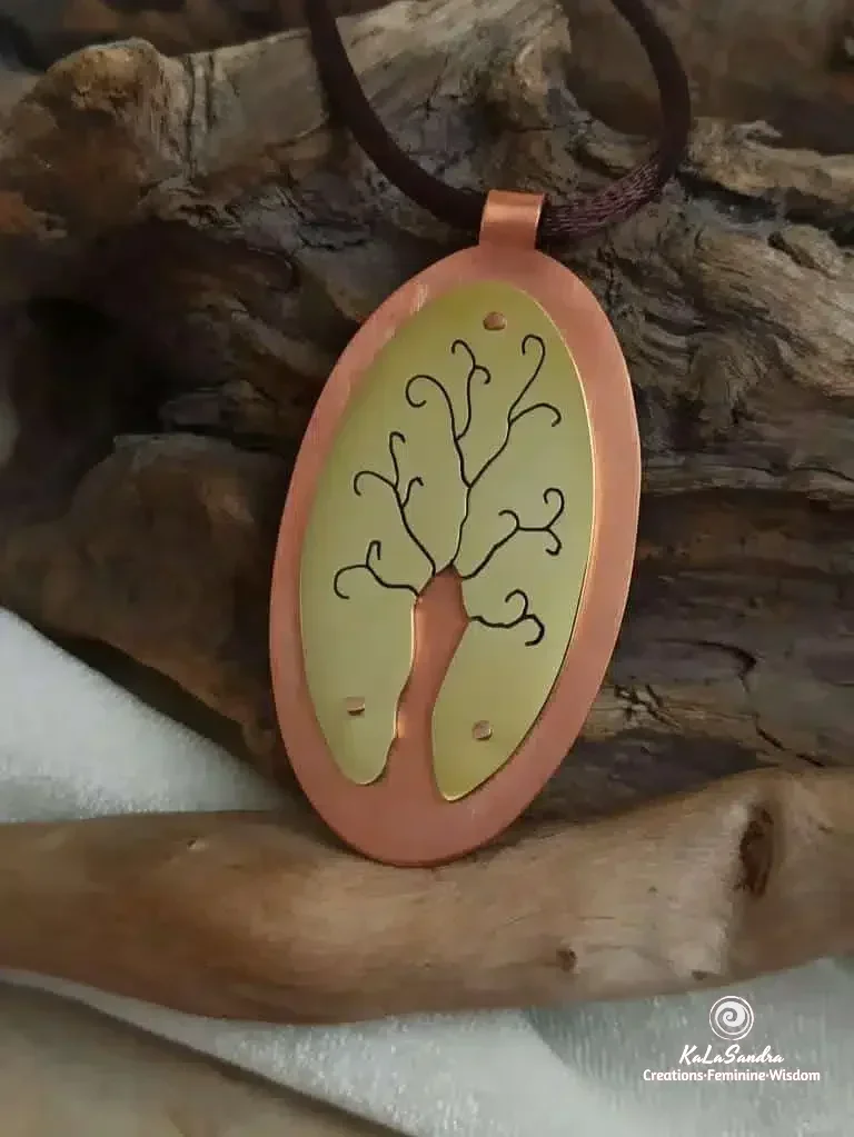 TREE OF LIFE inspired PENDANT in hand cut brass and copper metal - Image 4