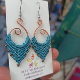 blue handmade macrame earrings, artisan earrings, boho earrings