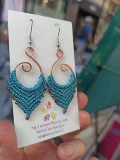 blue handmade macrame earrings, artisan earrings, boho earrings