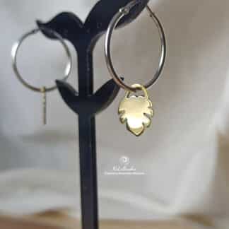 Monstera brass earrings with silver hoop handmade, kalasandracreations, artisan jewelry