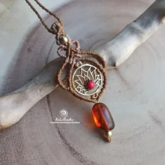 amber macrame pendant with brass lotus and red jasper, bohemian jewelry