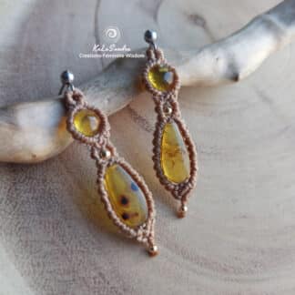original amber macrame earrings, handmade, artisanal jewelry