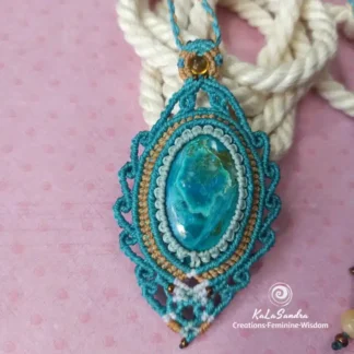 oceanic woman, chrysocolla macrame pendant, artisan jewelry, handmade