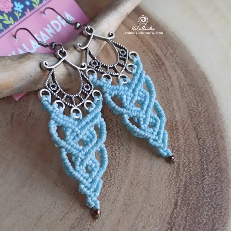 macrame earrings in blue pale, handmade, bohemian, artisan earrings
