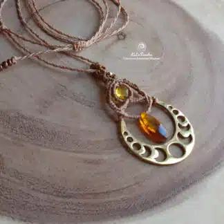 ROOTS amber macrame pendant with LUNAR CYCLE in brass metal
