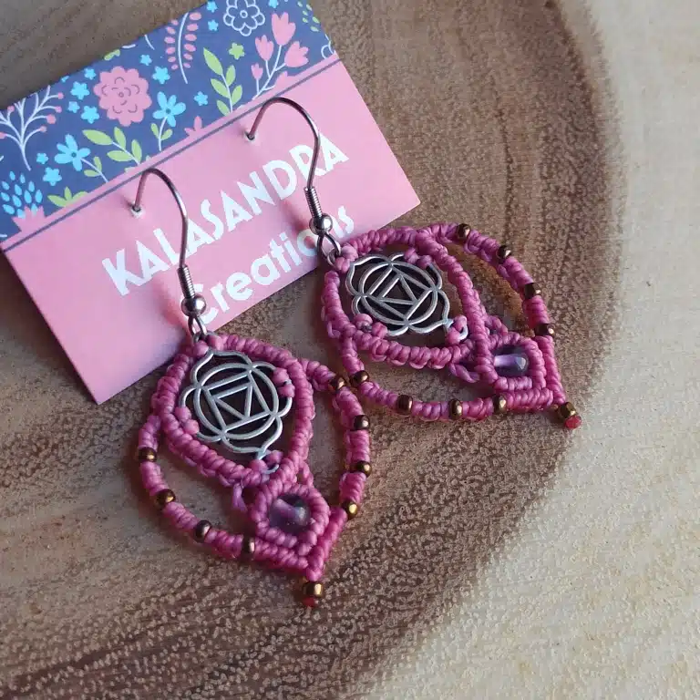 VITA macrame earrings in PINK color with AMETHYST gembead - Image 2
